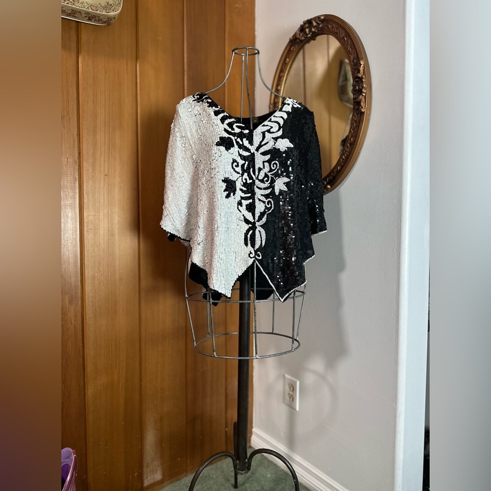 Vintage sequin, 100% silk “poncho” top, medium
